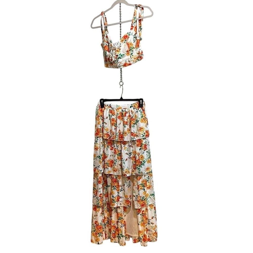 WAYF Women 2 Piece Set SMALL Orange Rose Tiered Skirt Corset Style Top Boho